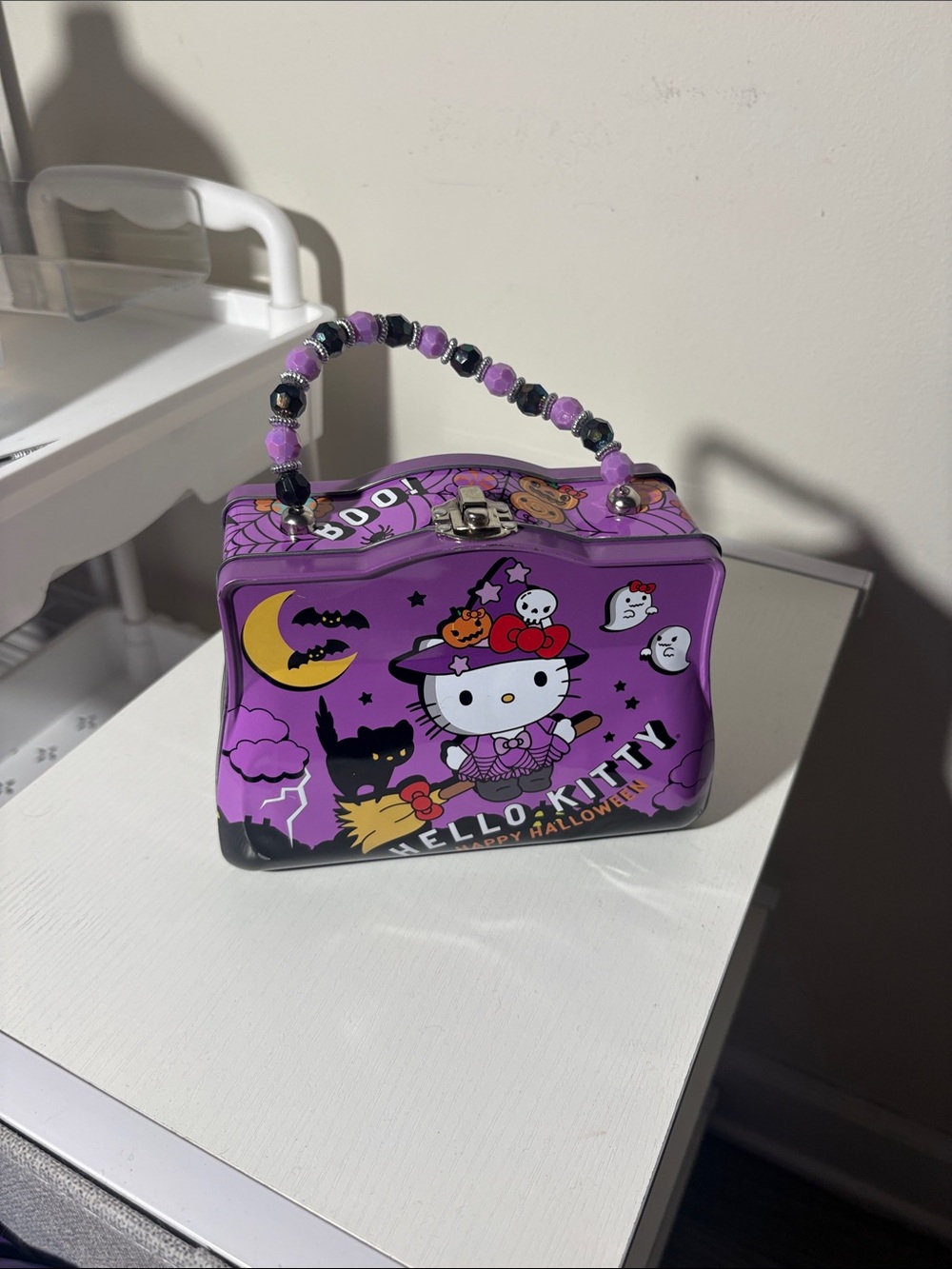 Hello Kitty Purple Halloween metal Purse with Beaded Handle